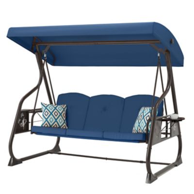 Upland 3-Seat Porch Swing 800 lb. Outdoor Swing with Stand Canopy Adjustable Backrest Glider, Removable Pillows & Foldable Tray