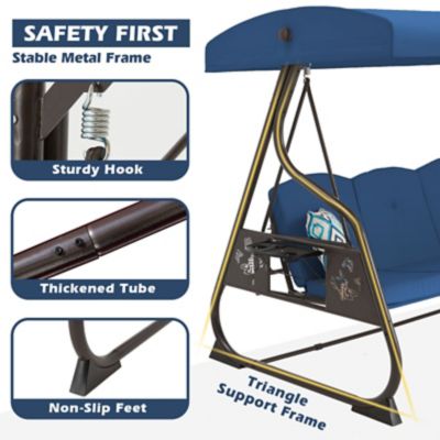 Image showing 2 th Upland 3-Seat Porch Swing 800 lb. Outdoor Swing with Stand Canopy Adjustable Backrest Glider, Removable Pillows & Foldable Tray