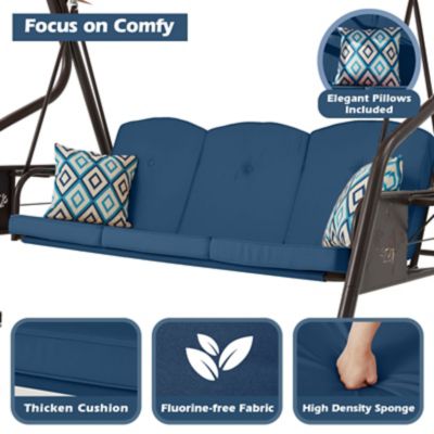 Image showing 3 th Upland 3-Seat Porch Swing 800 lb. Outdoor Swing with Stand Canopy Adjustable Backrest Glider, Removable Pillows & Foldable Tray