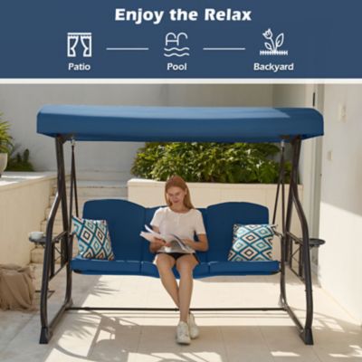 Image showing 5 th Upland 3-Seat Porch Swing 800 lb. Outdoor Swing with Stand Canopy Adjustable Backrest Glider, Removable Pillows & Foldable Tray