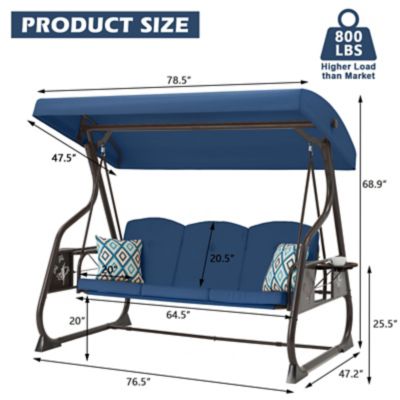 Image showing 6 th Upland 3-Seat Porch Swing 800 lb. Outdoor Swing with Stand Canopy Adjustable Backrest Glider, Removable Pillows & Foldable Tray