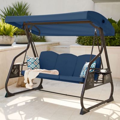 Image showing 7 th Upland 3-Seat Porch Swing 800 lb. Outdoor Swing with Stand Canopy Adjustable Backrest Glider, Removable Pillows & Foldable Tray