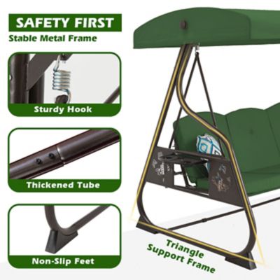 Image showing 2 th Upland 3-Seat Porch Swing 800 lb. Outdoor Swing with Stand Canopy Adjustable Backrest Glider, Removable Pillows & Foldable Tray