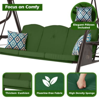 Image showing 3 th Upland 3-Seat Porch Swing 800 lb. Outdoor Swing with Stand Canopy Adjustable Backrest Glider, Removable Pillows & Foldable Tray