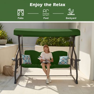 Image showing 5 th Upland 3-Seat Porch Swing 800 lb. Outdoor Swing with Stand Canopy Adjustable Backrest Glider, Removable Pillows & Foldable Tray