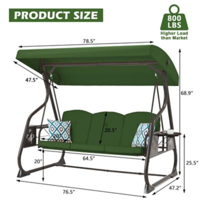 Image showing 6 th Upland 3-Seat Porch Swing 800 lb. Outdoor Swing with Stand Canopy Adjustable Backrest Glider, Removable Pillows & Foldable Tray