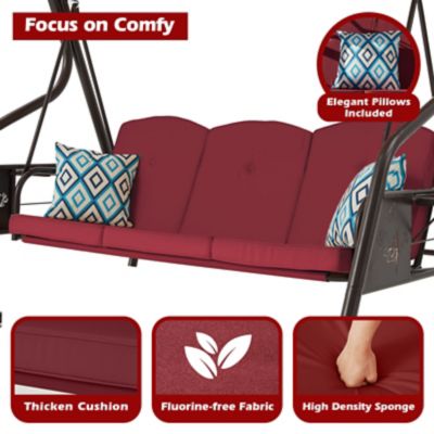 Image showing 3 th Upland 3-Seat Porch Swing 800 lb. Outdoor Swing with Stand Canopy Adjustable Backrest Glider, Removable Pillows & Foldable Tray