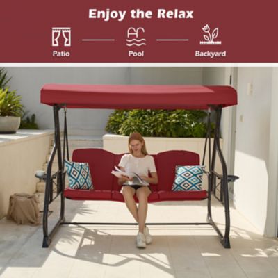Image showing 5 th Upland 3-Seat Porch Swing 800 lb. Outdoor Swing with Stand Canopy Adjustable Backrest Glider, Removable Pillows & Foldable Tray