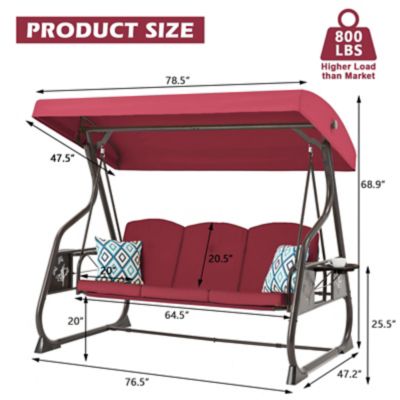 Image showing 6 th Upland 3-Seat Porch Swing 800 lb. Outdoor Swing with Stand Canopy Adjustable Backrest Glider, Removable Pillows & Foldable Tray