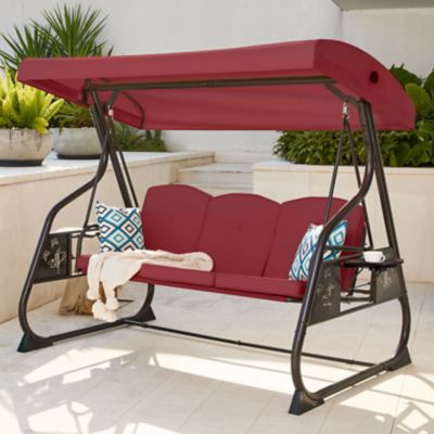 Image showing 7 th Upland 3-Seat Porch Swing 800 lb. Outdoor Swing with Stand Canopy Adjustable Backrest Glider, Removable Pillows & Foldable Tray