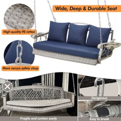 Image showing  3-Person Wicker Porch Swing Chair Heavy Duty 900 lb. Outdoor Rattan Patio Swing Chair w/Cup-Holder & Steel Chains