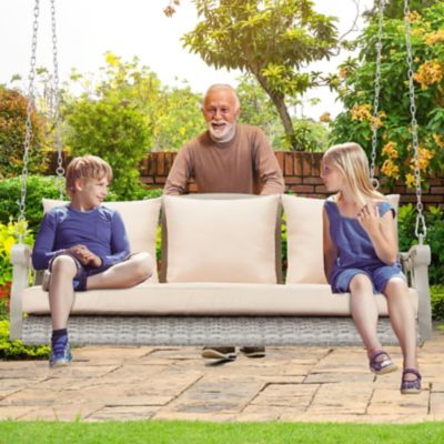 Image showing 1 th Upland 3-Person Wicker Porch Swing Chair Heavy Duty 900 lb. Outdoor Rattan Patio Swing Chair w/Cup-Holder & Steel Chains