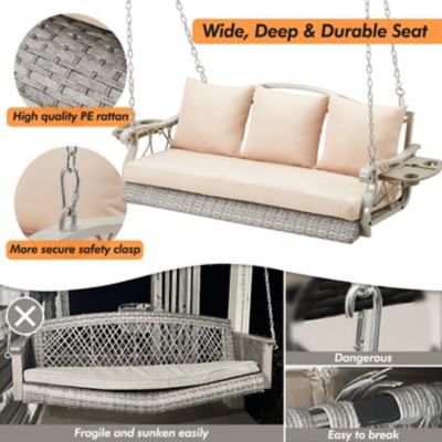 Image showing 5 th Upland 3-Person Wicker Porch Swing Chair Heavy Duty 900 lb. Outdoor Rattan Patio Swing Chair w/Cup-Holder & Steel Chains