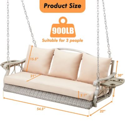 Image showing 6 th Upland 3-Person Wicker Porch Swing Chair Heavy Duty 900 lb. Outdoor Rattan Patio Swing Chair w/Cup-Holder & Steel Chains