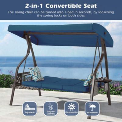 Image showing  3-Seat Outdoor Porch Swing with Stand Canopy, 2 in 1 Swing Bed & Chair for Adult with Extra Pillows & Cup Holder for Yard