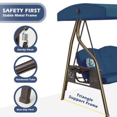 Image showing  3-Seat Outdoor Porch Swing with Stand Canopy, 2 in 1 Swing Bed & Chair for Adult with Extra Pillows & Cup Holder for Yard