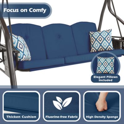 Image showing  3-Seat Outdoor Porch Swing with Stand Canopy, 2 in 1 Swing Bed & Chair for Adult with Extra Pillows & Cup Holder for Yard