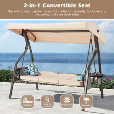 Image showing 1 th Upland 3-Seat Outdoor Porch Swing with Stand Canopy, 2 in 1 Swing Bed & Chair for Adult with Extra Pillows & Cup Holder for Yard