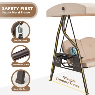 Image showing 2 th Upland 3-Seat Outdoor Porch Swing with Stand Canopy, 2 in 1 Swing Bed & Chair for Adult with Extra Pillows & Cup Holder for Yard