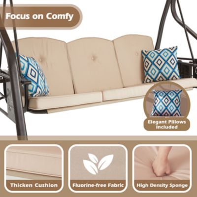Image showing 3 th Upland 3-Seat Outdoor Porch Swing with Stand Canopy, 2 in 1 Swing Bed & Chair for Adult with Extra Pillows & Cup Holder for Yard
