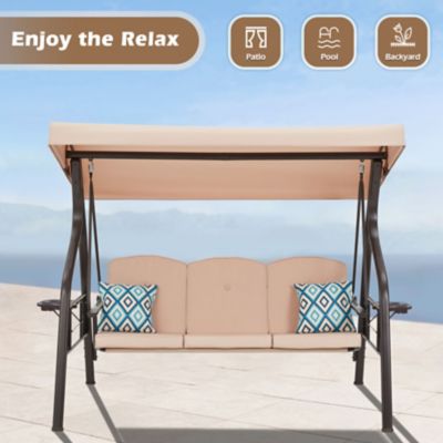 Image showing 5 th Upland 3-Seat Outdoor Porch Swing with Stand Canopy, 2 in 1 Swing Bed & Chair for Adult with Extra Pillows & Cup Holder for Yard