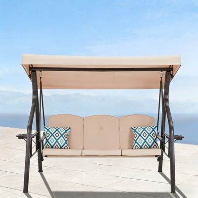 Image showing 7 th Upland 3-Seat Outdoor Porch Swing with Stand Canopy, 2 in 1 Swing Bed & Chair for Adult with Extra Pillows & Cup Holder for Yard