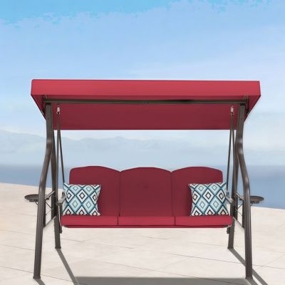 Image showing 7 th Upland 3-Seat Outdoor Porch Swing with Stand Canopy, 2 in 1 Swing Bed & Chair for Adult with Extra Pillows & Cup Holder for Yard
