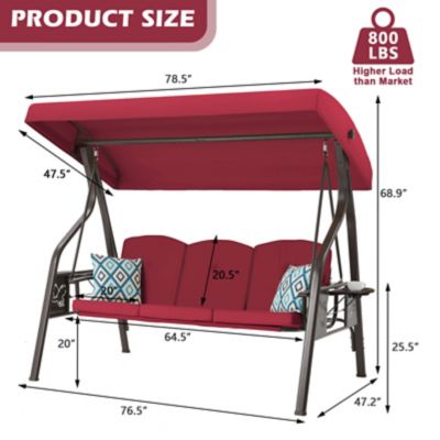 Image showing 8 th Upland 3-Seat Outdoor Porch Swing with Stand Canopy, 2 in 1 Swing Bed & Chair for Adult with Extra Pillows & Cup Holder for Yard