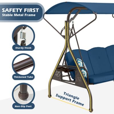 Image showing  800 lb. Patio Swing with Canopy 3 Seat Outdoor Porch Swing, Stand Cup Holder & Pillow Glider Chair for Backyard Poolside