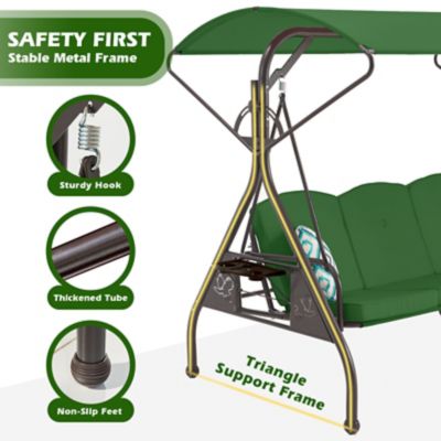 Image showing 2 th Upland 800 lb. Patio Swing with Canopy 3 Seat Outdoor Porch Swing, Stand Cup Holder & Pillow Glider Chair for Backyard Poolside