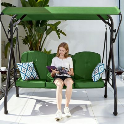 Image showing 7 th Upland 800 lb. Patio Swing with Canopy 3 Seat Outdoor Porch Swing, Stand Cup Holder & Pillow Glider Chair for Backyard Poolside