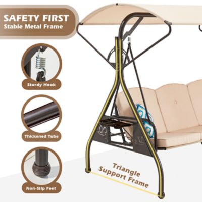 Image showing 2 th Upland 800 lb. Patio Swing with Canopy 3 Seat Outdoor Porch Swing, Stand Cup Holder & Pillow Glider Chair for Backyard Poolside