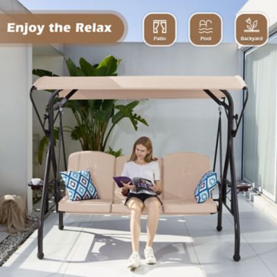 Image showing 5 th Upland 800 lb. Patio Swing with Canopy 3 Seat Outdoor Porch Swing, Stand Cup Holder & Pillow Glider Chair for Backyard Poolside
