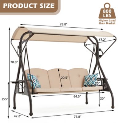 Image showing 6 th Upland 800 lb. Patio Swing with Canopy 3 Seat Outdoor Porch Swing, Stand Cup Holder & Pillow Glider Chair for Backyard Poolside