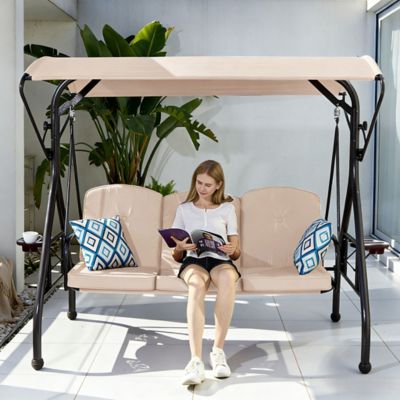 Image showing 7 th Upland 800 lb. Patio Swing with Canopy 3 Seat Outdoor Porch Swing, Stand Cup Holder & Pillow Glider Chair for Backyard Poolside