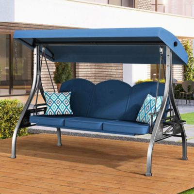 Upland 3 Seat Outdoor Porch Swing with Stand 800 lb. 2 in 1 Swing Bed with Adjustable Canopy & Cushion, Khaki, Square Tube