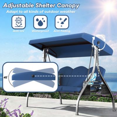 Image showing  3 Seat Outdoor Porch Swing with Stand 800 lb. 2 in 1 Swing Bed with Adjustable Canopy & Cushion, Khaki, Square Tube