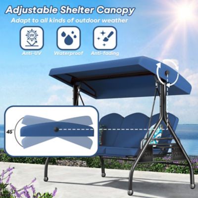 Image showing  3 Seat Outdoor Porch Swing with Stand 800 lb. 2 in 1 Swing Bed with Adjustable Canopy and Cushion, Khaki, Round Tube