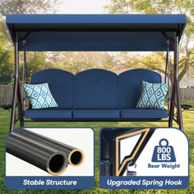 Image showing 5 th Upland 3 Seat Outdoor Porch Swing with Stand 800 lb. 2 in 1 Swing Bed with Adjustable Canopy and Cushion, Khaki, Round Tube