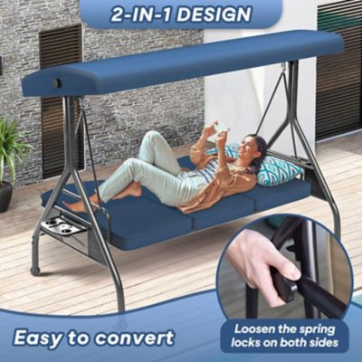 Image showing 6 th Upland 3 Seat Outdoor Porch Swing with Stand 800 lb. 2 in 1 Swing Bed with Adjustable Canopy and Cushion, Khaki, Round Tube