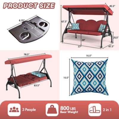 Image showing 1 th Upland 3 Seat Outdoor Porch Swing with Stand 800 lb. 2 in 1 Swing Bed with Adjustable Canopy and Cushion, Khaki, Round Tube