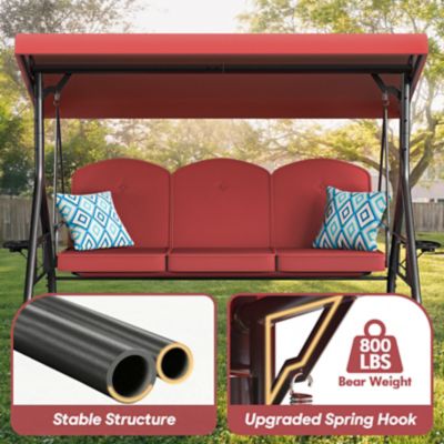 Image showing 5 th Upland 3 Seat Outdoor Porch Swing with Stand 800 lb. 2 in 1 Swing Bed with Adjustable Canopy and Cushion, Khaki, Round Tube