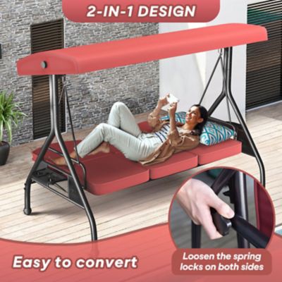 Image showing 6 th Upland 3 Seat Outdoor Porch Swing with Stand 800 lb. 2 in 1 Swing Bed with Adjustable Canopy and Cushion, Khaki, Round Tube