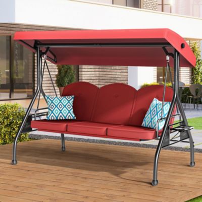 Image showing 7 th Upland 3 Seat Outdoor Porch Swing with Stand 800 lb. 2 in 1 Swing Bed with Adjustable Canopy and Cushion, Khaki, Round Tube