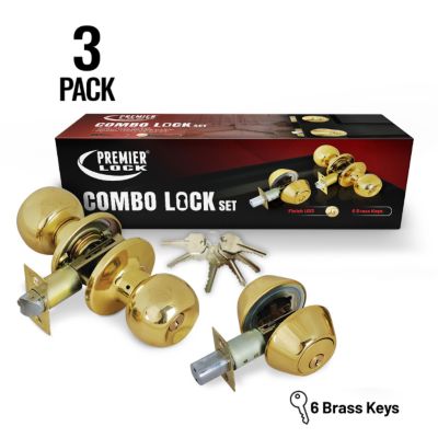 Grip Tight Tools Solid Brass Entry Door Knob Combo Lock Set with Double Cylinder Deadbolt and 18 KW1 Keys, 3 pk., Keyed Alike