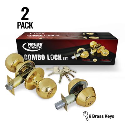 Grip Tight Tools Solid Brass Entry Door Knob Combo Lock Set with Double Cylinder Deadbolt and 12 KW1 Keys, 2 pk., Keyed Alike