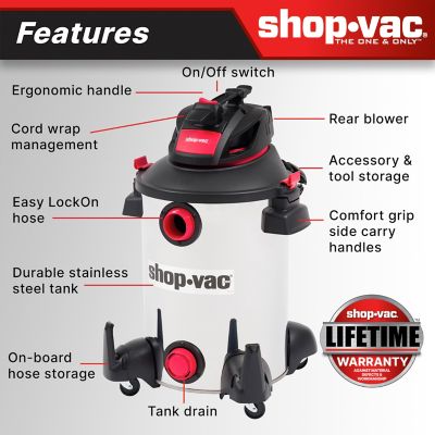 Image showing  12 gal. 6.0 Peak HP Stainless Steel Wet/Dry Vacuum