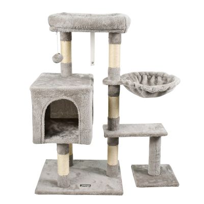 GOOPAWS 37 in. Faux Fur Cat Tree & Condo with Basket, Light Grey