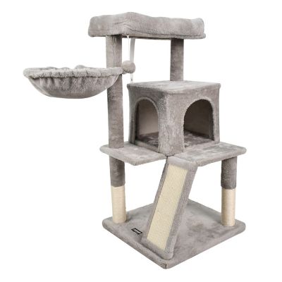 GOOPAWS 38 in. Faux Fur Top Perch Cat Tree & Condo with Basket, Light Grey