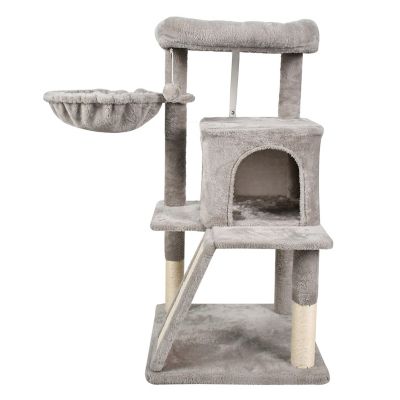 Image showing  38 in. Faux Fur Top Perch Cat Tree & Condo with Basket, Light Grey